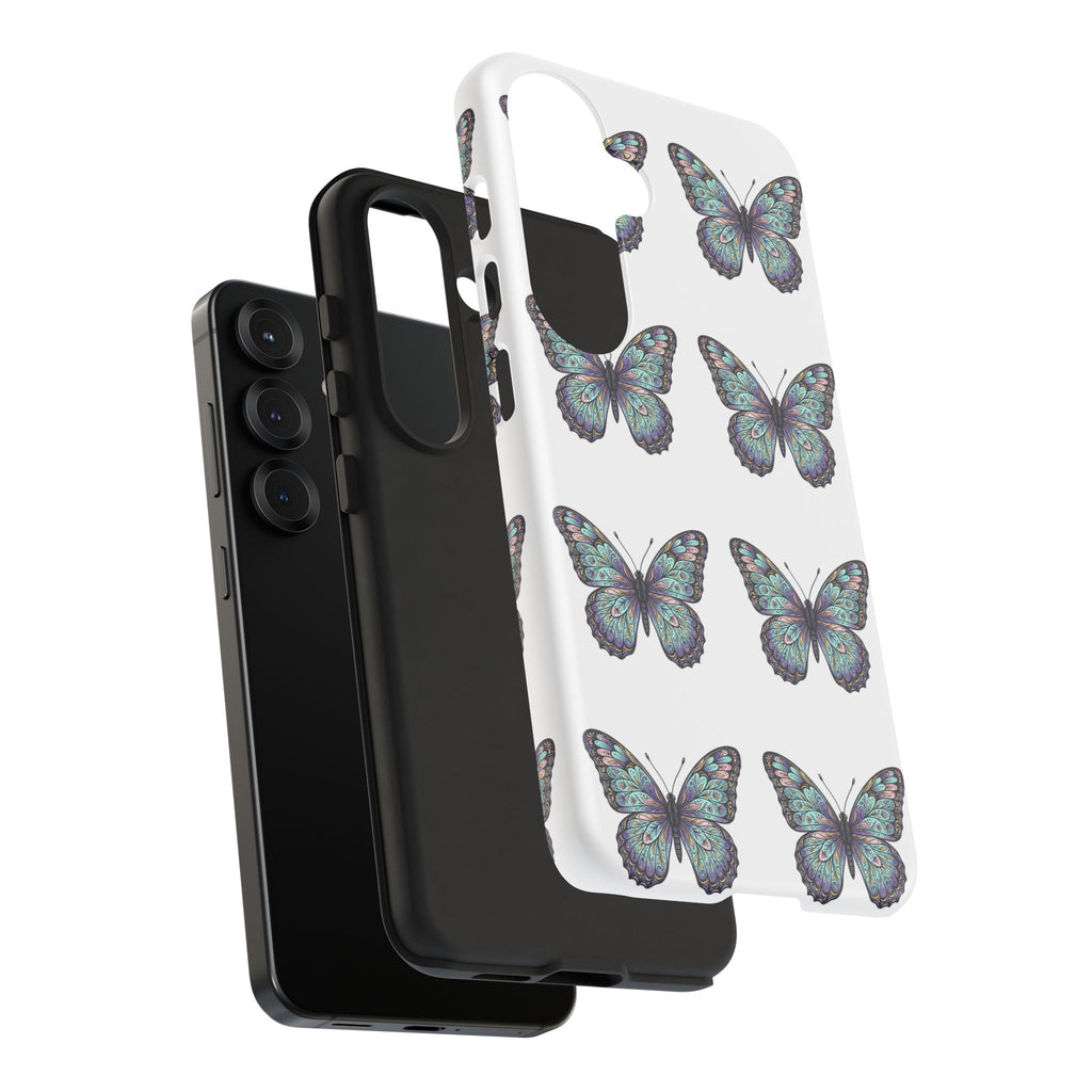 Butterfly Pattern Tough Phone Case — Vintage Teal Floral Protective Cover