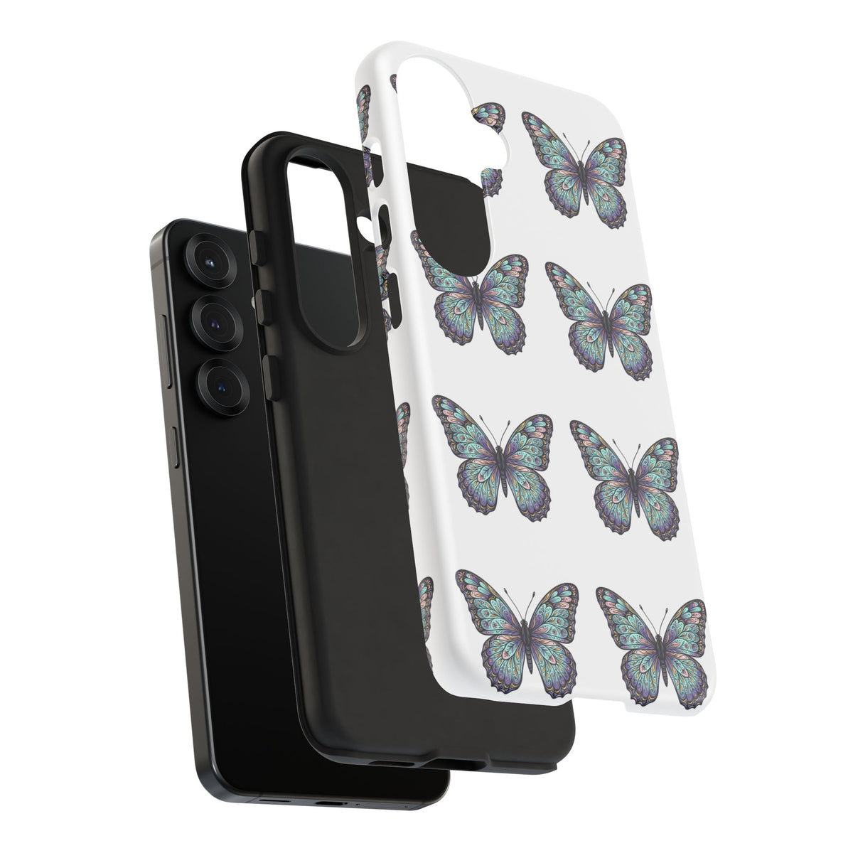 Butterfly Pattern Tough Phone Case — Vintage Teal Floral Protective Cover