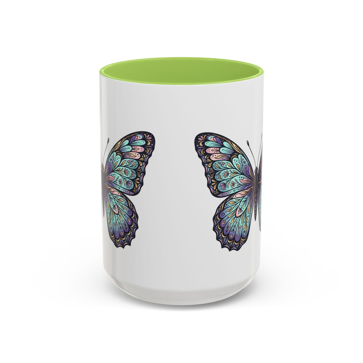 Butterfly Accent Coffee Mug — Teal Mandala Wing Design (11/15oz)