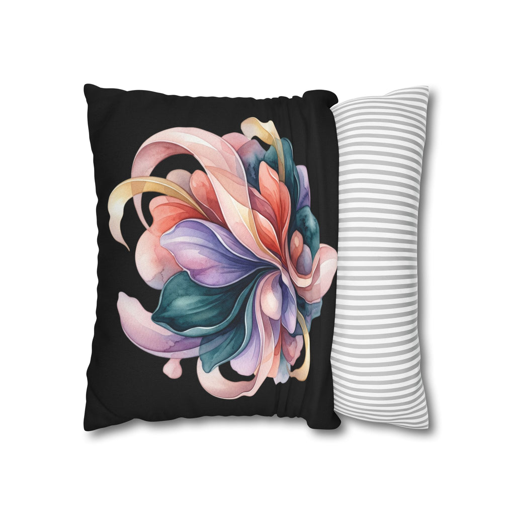 Abstract Floral Throw Pillowcase — Colorful Petal Swirl on Black
