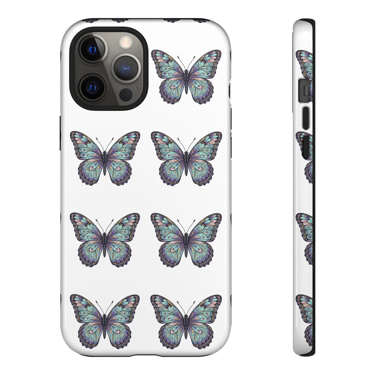 Butterfly Pattern Tough Phone Case — Vintage Teal Floral Protective Cover