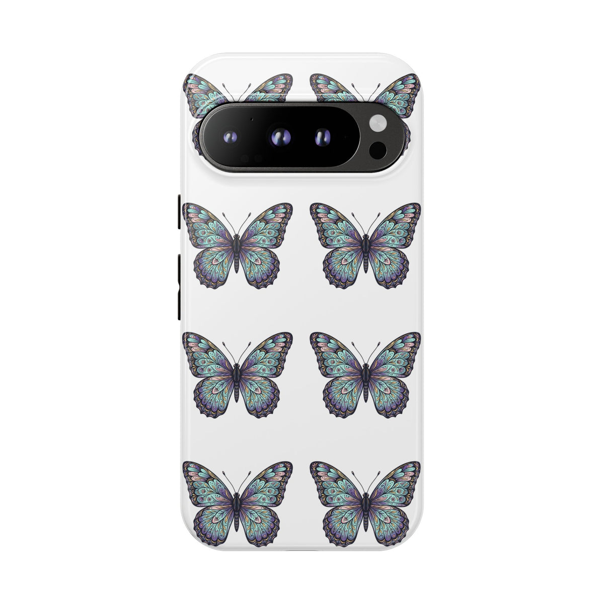 Butterfly Pattern Tough Phone Case — Vintage Teal Floral Protective Cover