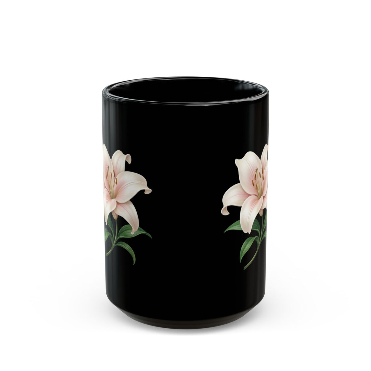 Black Floral Lily Mug — Elegant Pink Lily Coffee Cup (11oz & 15oz)