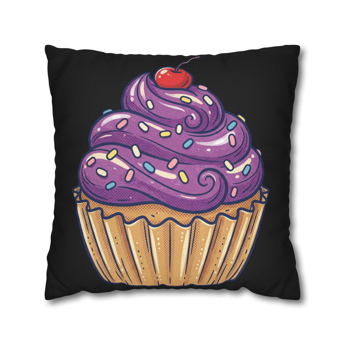 Cupcake Art Pillowcase — Purple Frosting Decorative Throw Pillowcase- Black