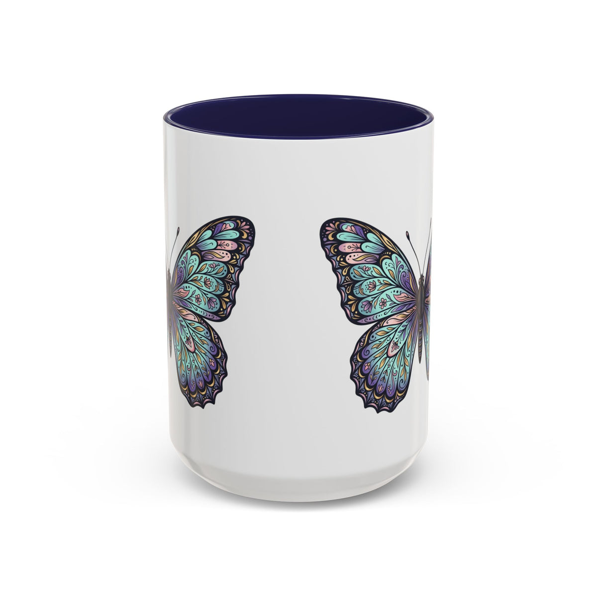 Butterfly Accent Coffee Mug — Teal Mandala Wing Design (11/15oz)