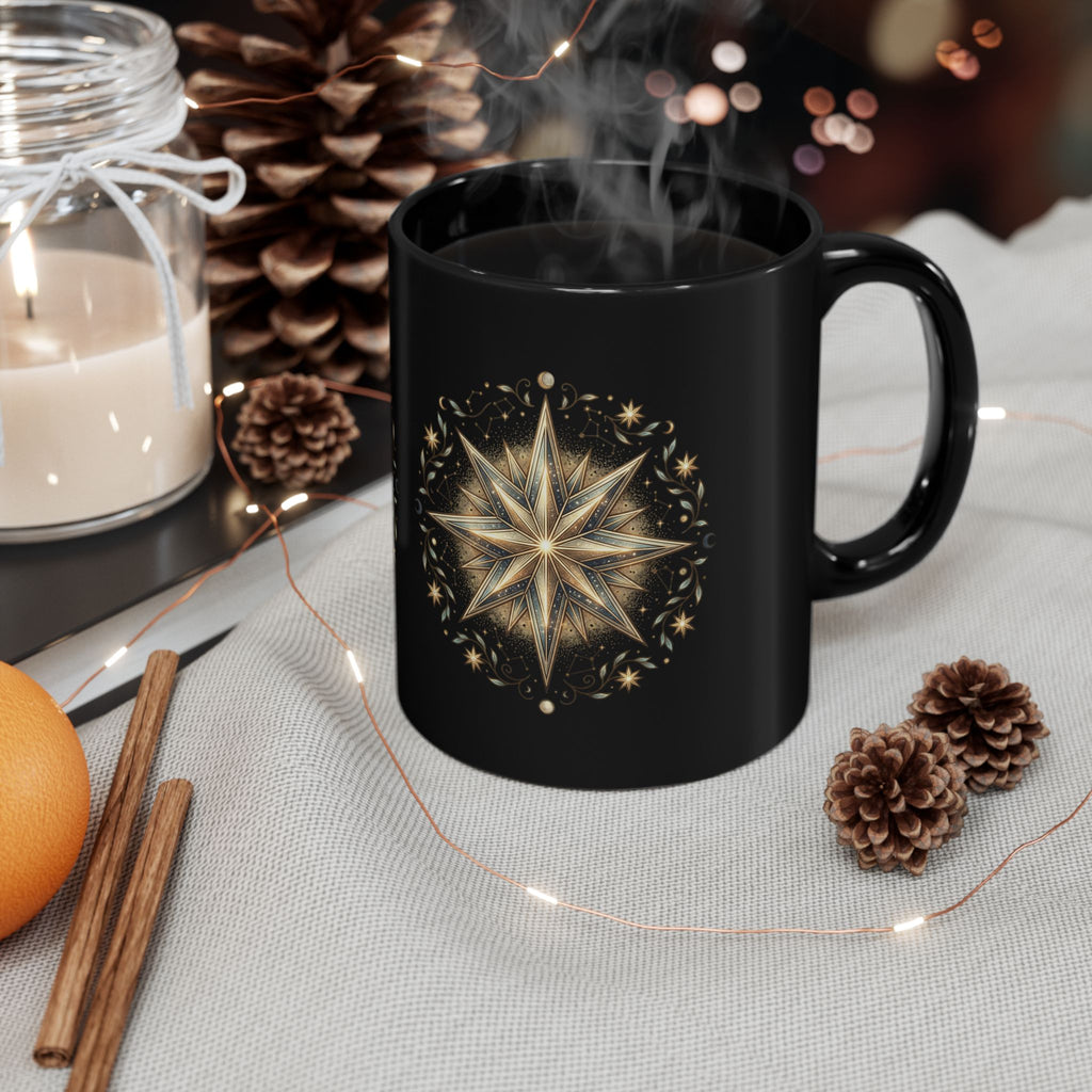 Black Ceramic Mug — Gold Nautical Compass Star Design (11oz/15oz)