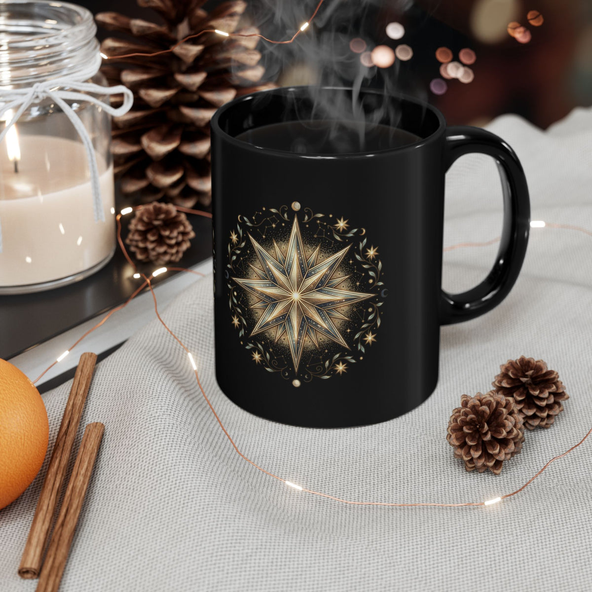 Black Ceramic Mug — Gold Nautical Compass Star Design (11oz/15oz)