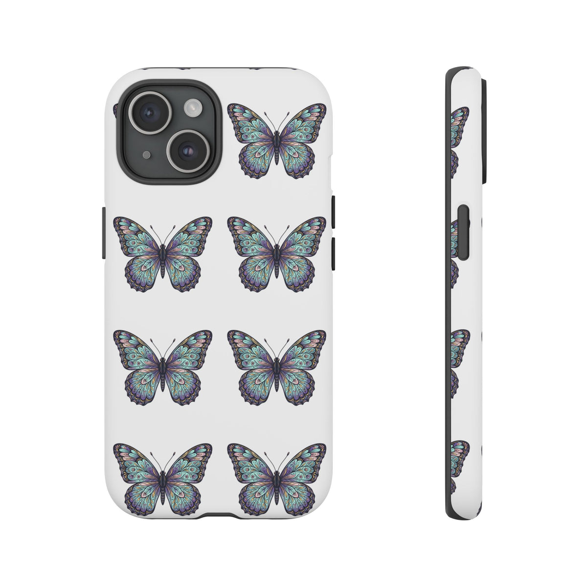 Butterfly Pattern Tough Phone Case — Vintage Teal Floral Protective Cover