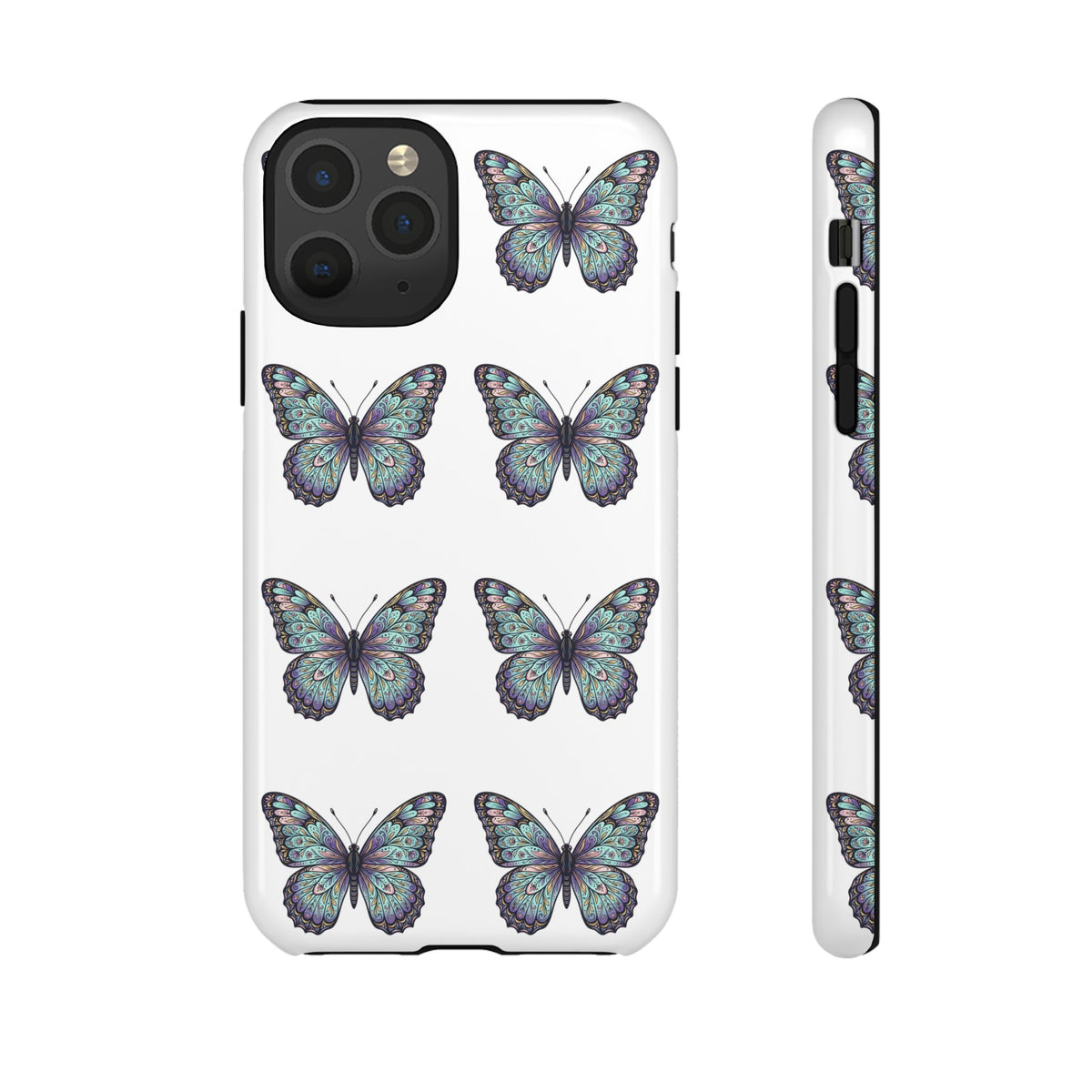 Butterfly Pattern Tough Phone Case — Vintage Teal Floral Protective Cover