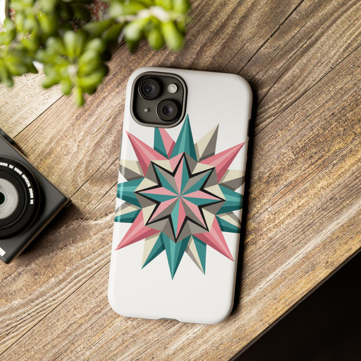 Geometric Star Tough Phone Case – Pink Teal Compass Design