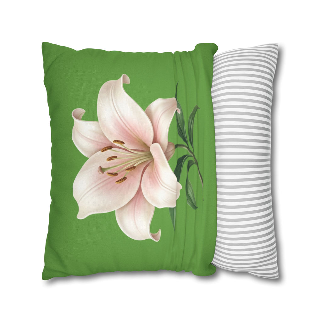 Pink Lily Floral Pillowcase — Green Square Decorative Pillow Cover