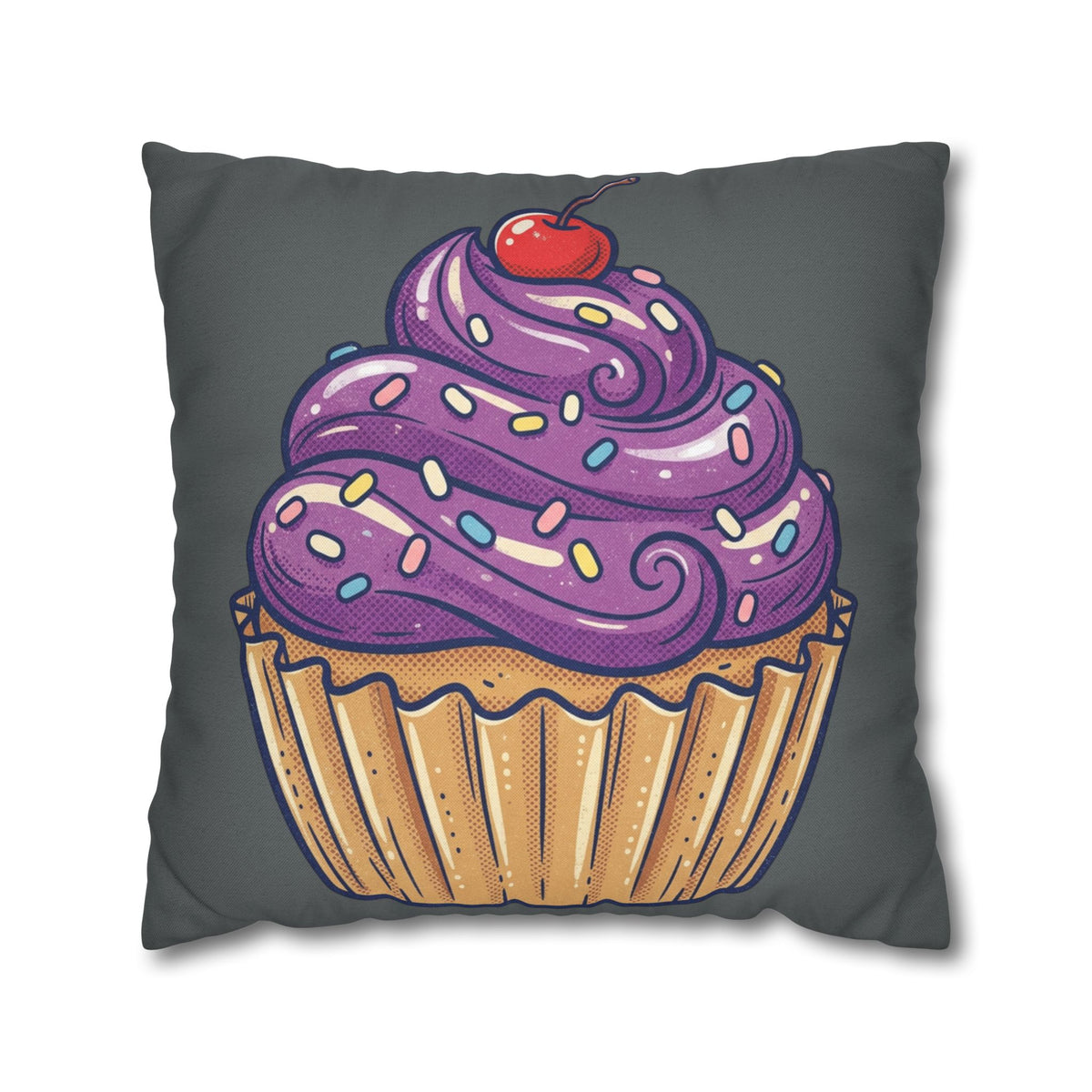 Cupcake Pillowcase — Whimsical Purple Frosting Decorative Throw Pillow- Dark Grey