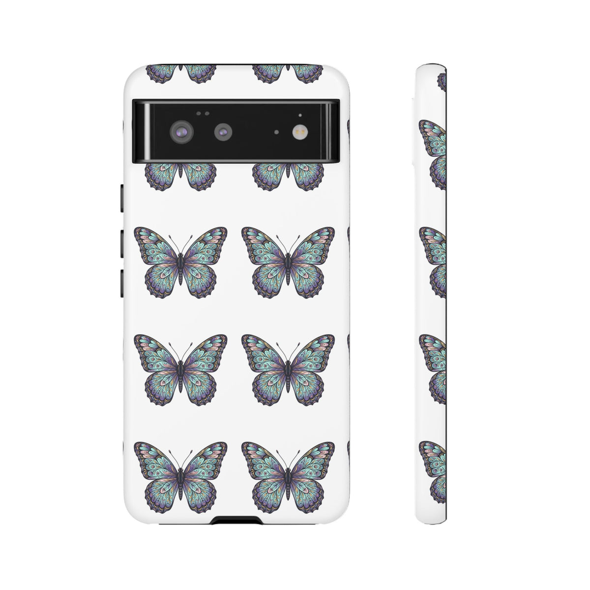 Butterfly Pattern Tough Phone Case — Vintage Teal Floral Protective Cover