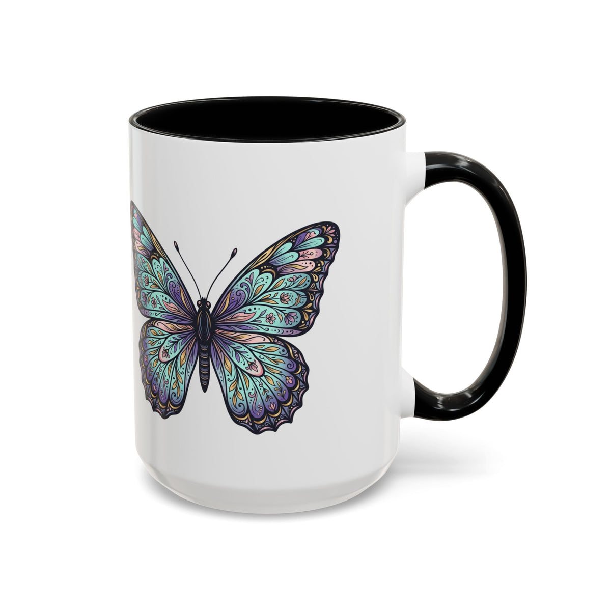 Butterfly Accent Coffee Mug — Teal Mandala Wing Design (11/15oz)