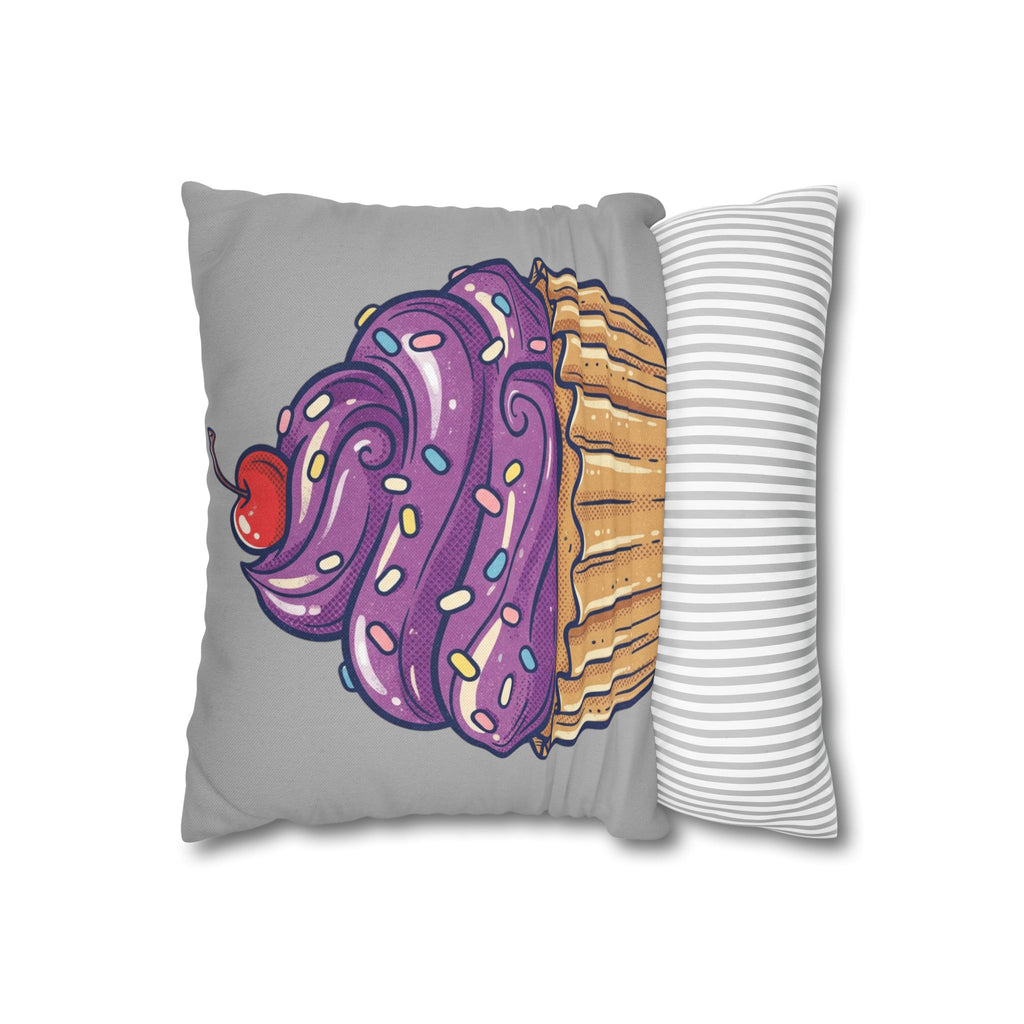 Cupcake Cushion Cover — Purple Frosting Dessert Pillowcase- Light Grey