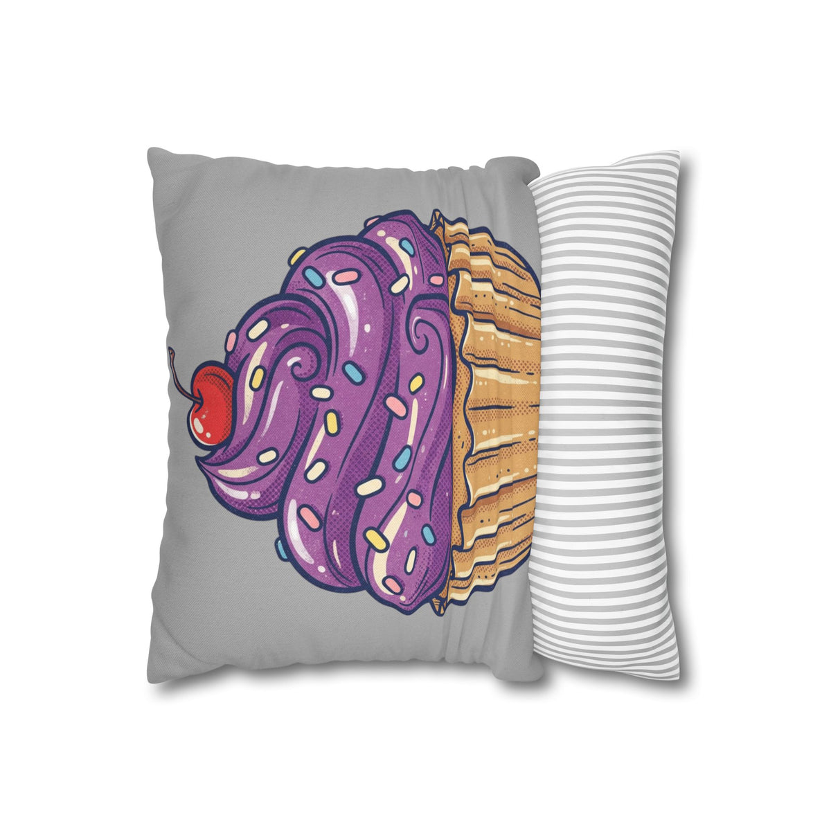 Cupcake Cushion Cover — Purple Frosting Dessert Pillowcase- Light Grey