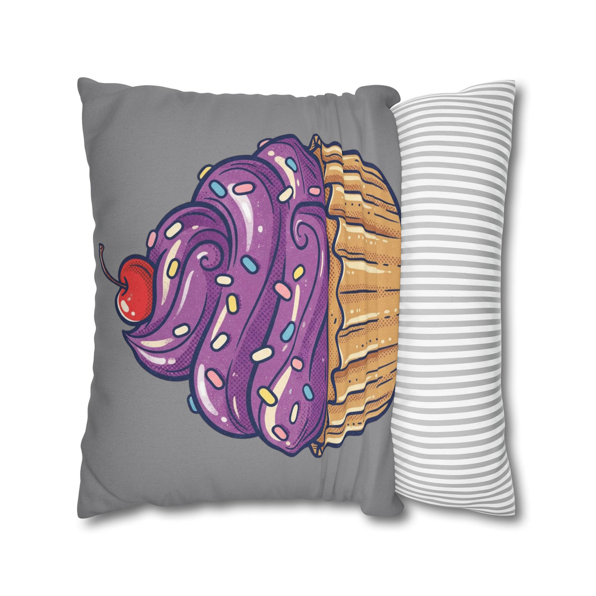 Cupcake Pillowcase — Whimsical Purple Frosting Decorative Throw Pillow- Grey