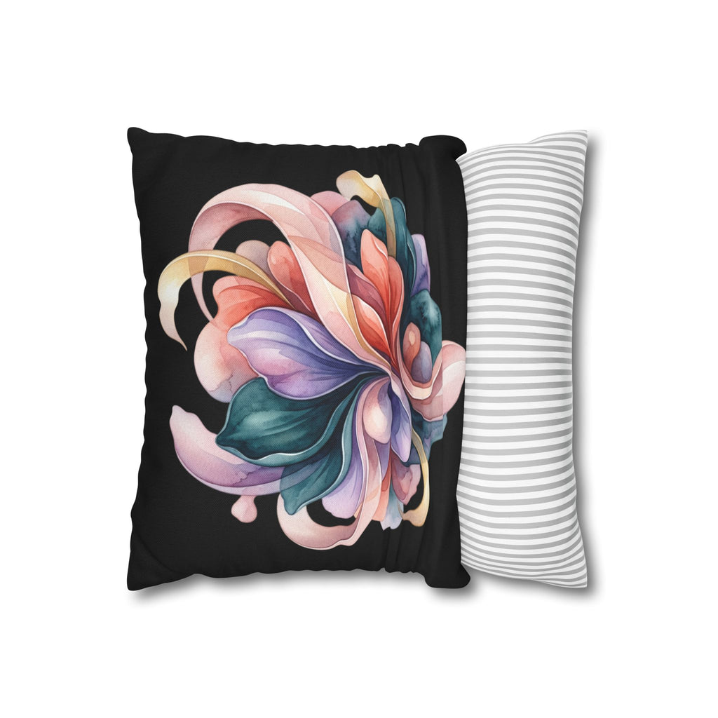 Abstract Floral Throw Pillowcase — Colorful Petal Swirl on Black