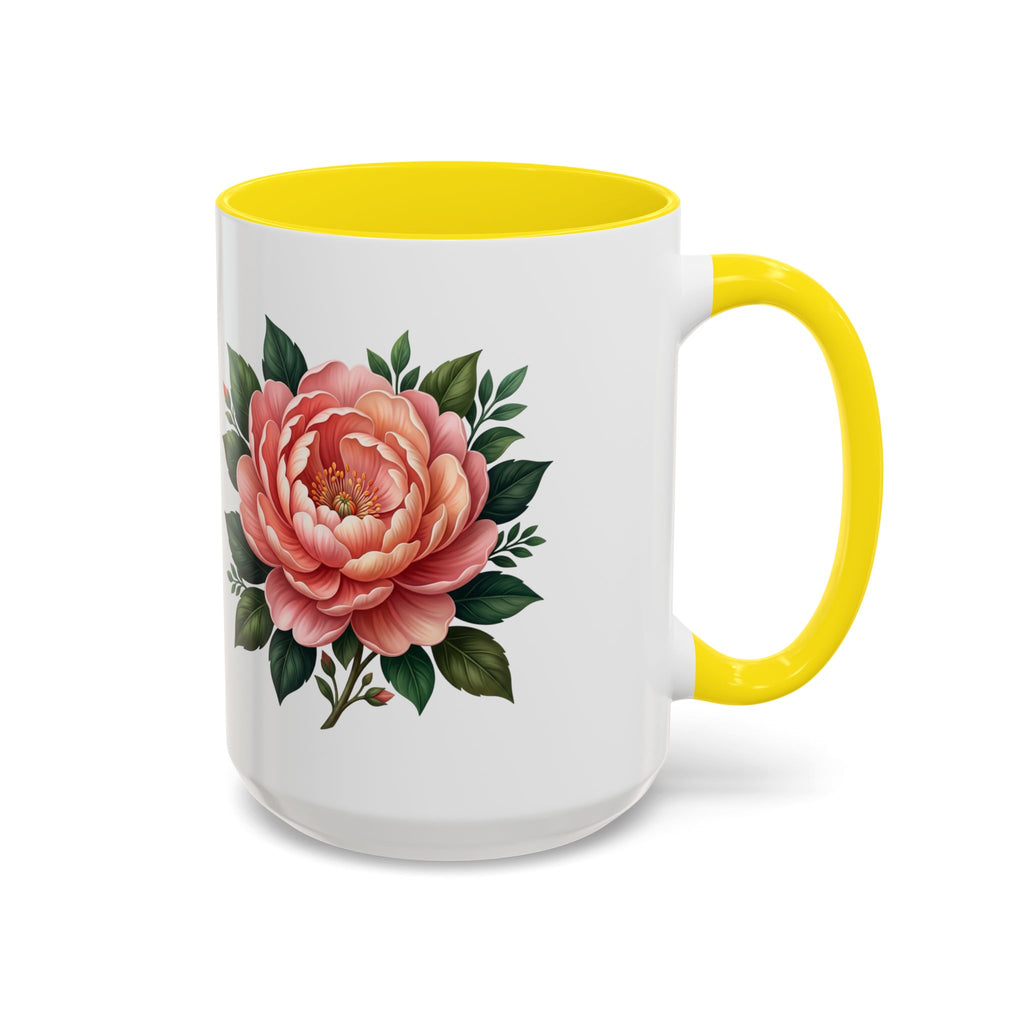 Floral Peony Accent Coffee Mug — Pink Rose Bloom Ceramic Cup