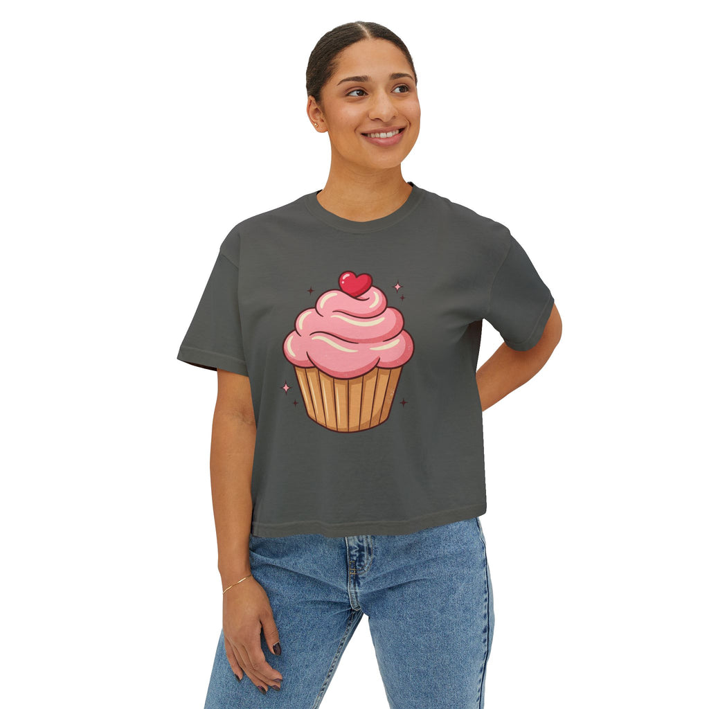 Cupcake Graphic Boxy Tee — Cute Pink Dessert Shirt for Women