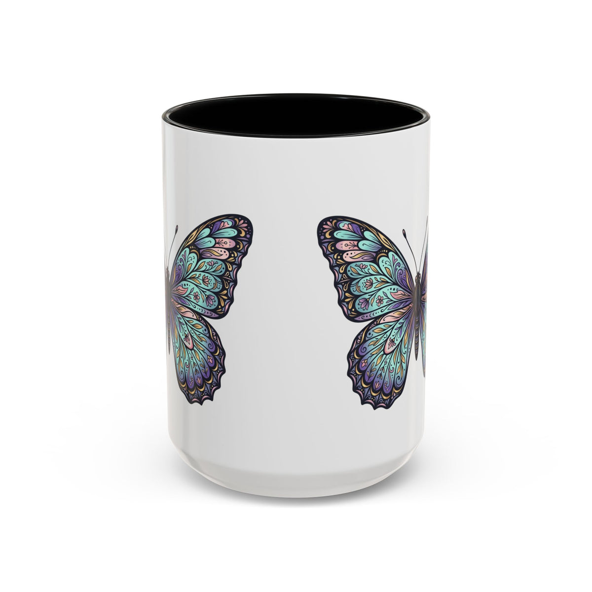 Butterfly Accent Coffee Mug — Teal Mandala Wing Design (11/15oz)