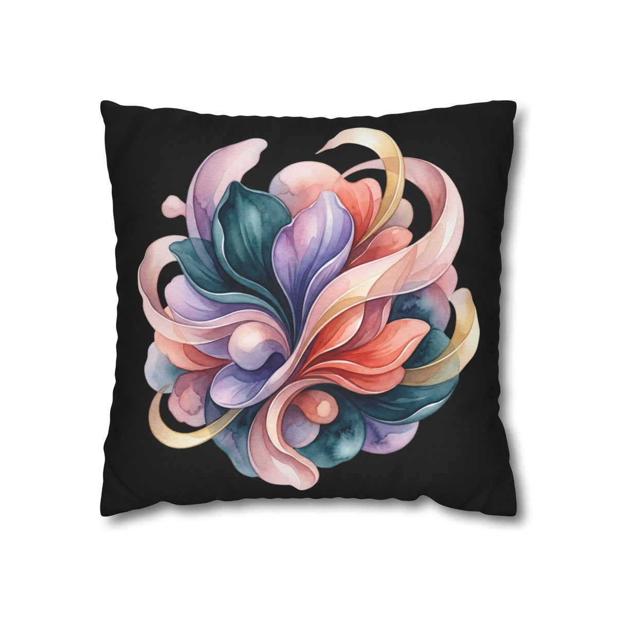 Abstract Floral Throw Pillowcase — Colorful Petal Swirl on Black