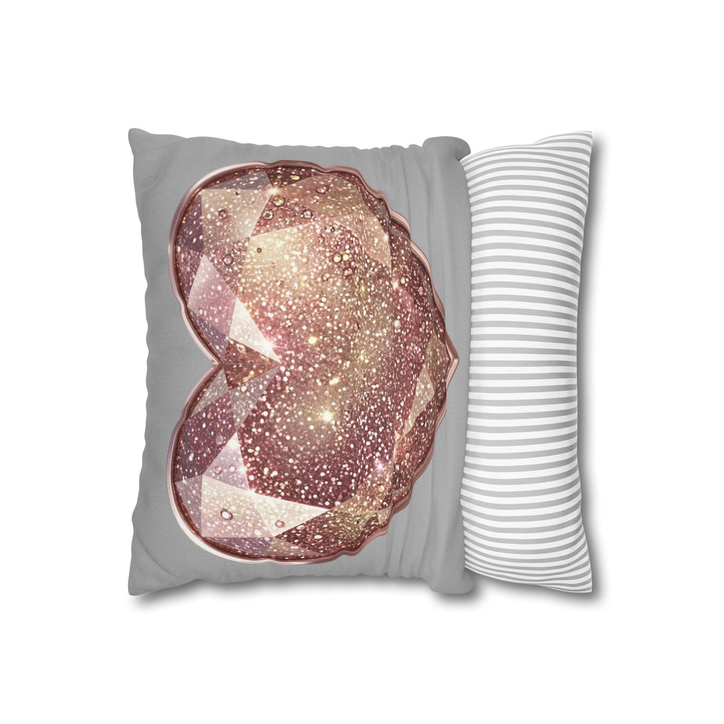 Rose Gold Gem Heart Pillowcase — Sparkling Decorative Throw Pillow Cover- Light Grey