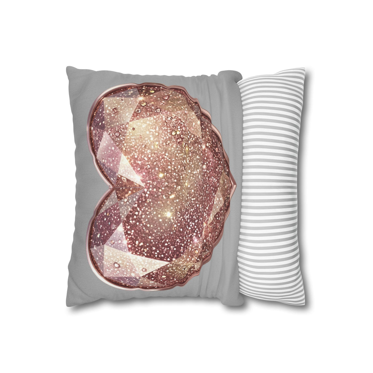 Rose Gold Gem Heart Pillowcase — Sparkling Decorative Throw Pillow Cover- Light Grey
