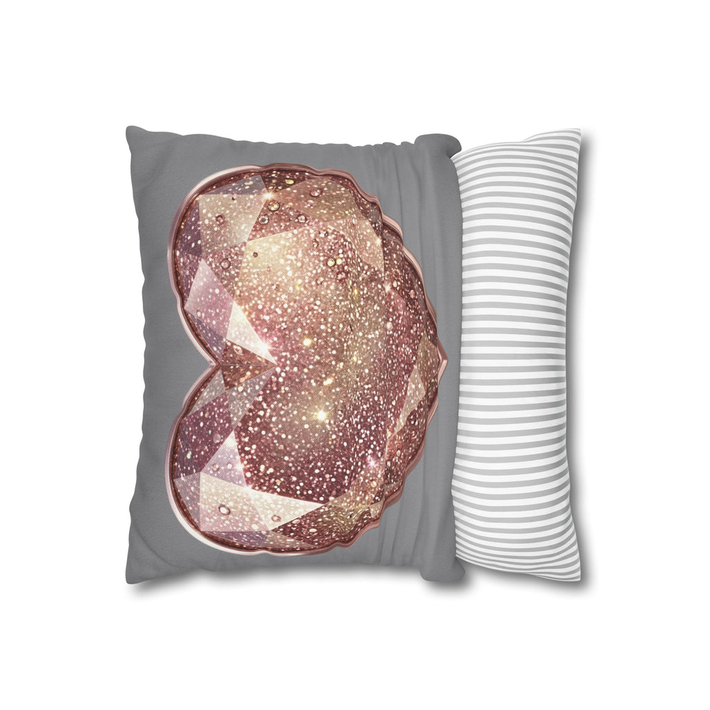 Glitter Rose Crystal Heart Pillowcase- Grey