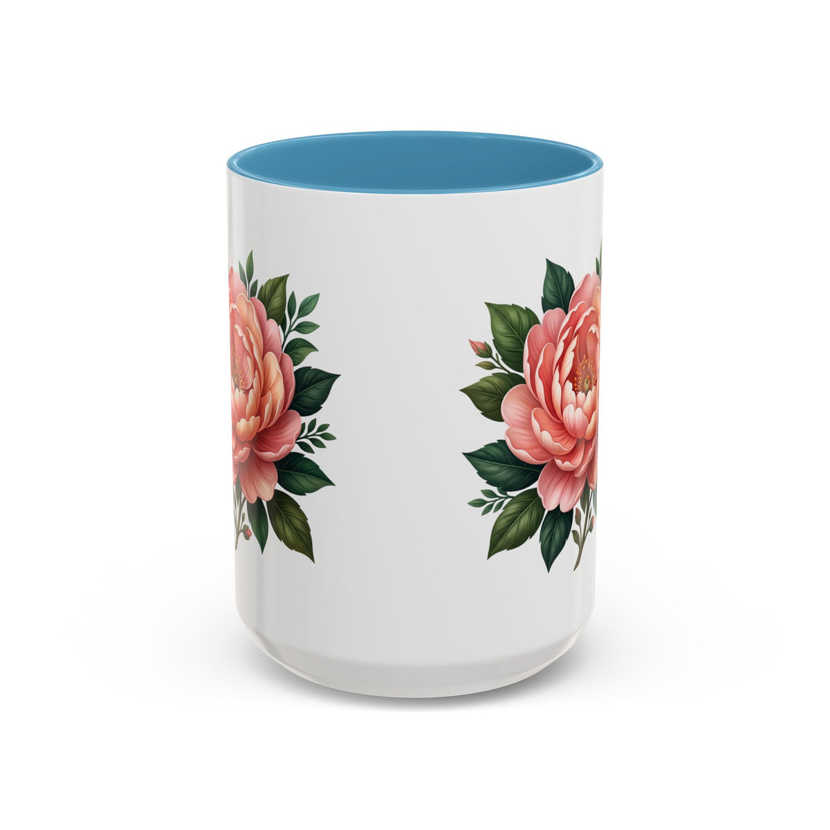 Floral Peony Accent Coffee Mug — Pink Rose Bloom Ceramic Cup