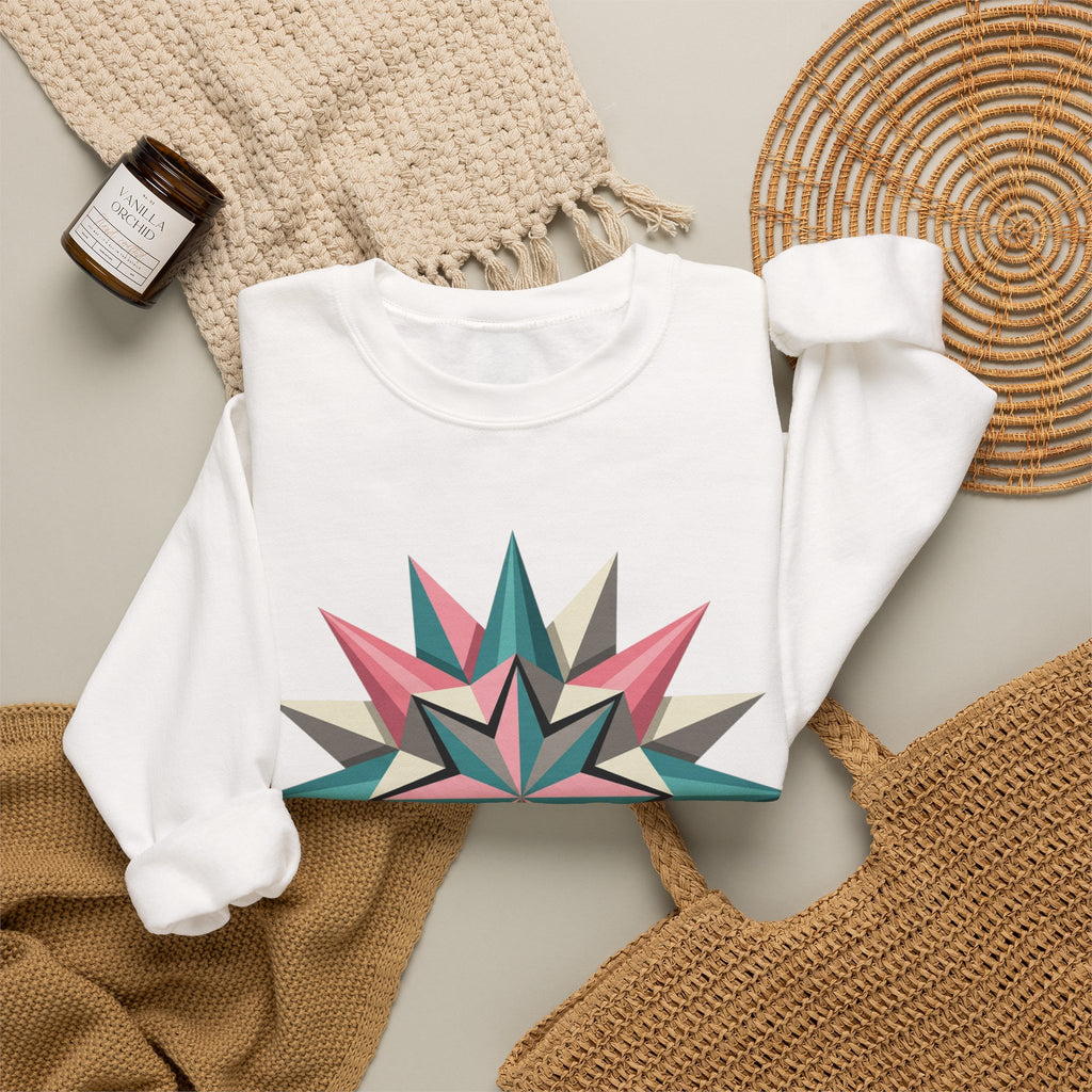 Geometric Starburst Crewneck Sweatshirt — Pink Teal Modern Compass Design