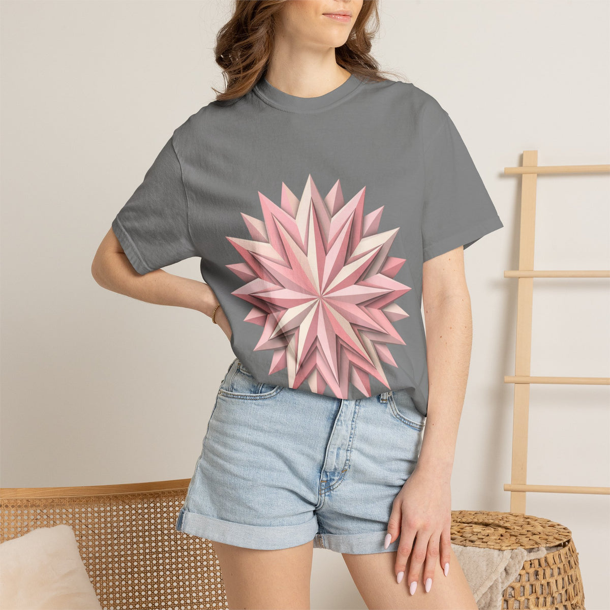 Geometric Rose Star T-Shirt — Pink 3D Origami Floral Tee
