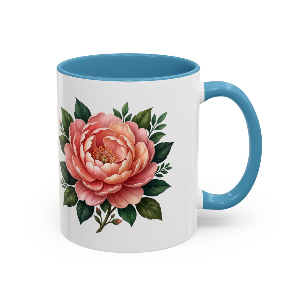 Floral Peony Accent Coffee Mug — Pink Rose Bloom Ceramic Cup