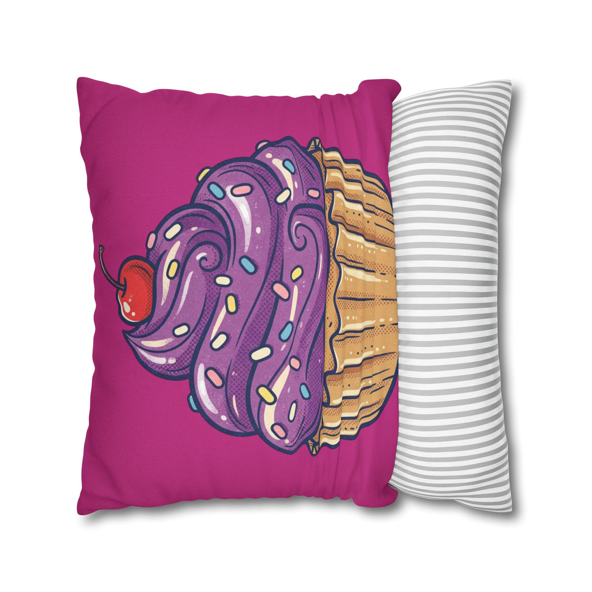 Cupcake Illustration Pillowcase - Purple Frosting Decorative Throw Pillow Cover- Magenta