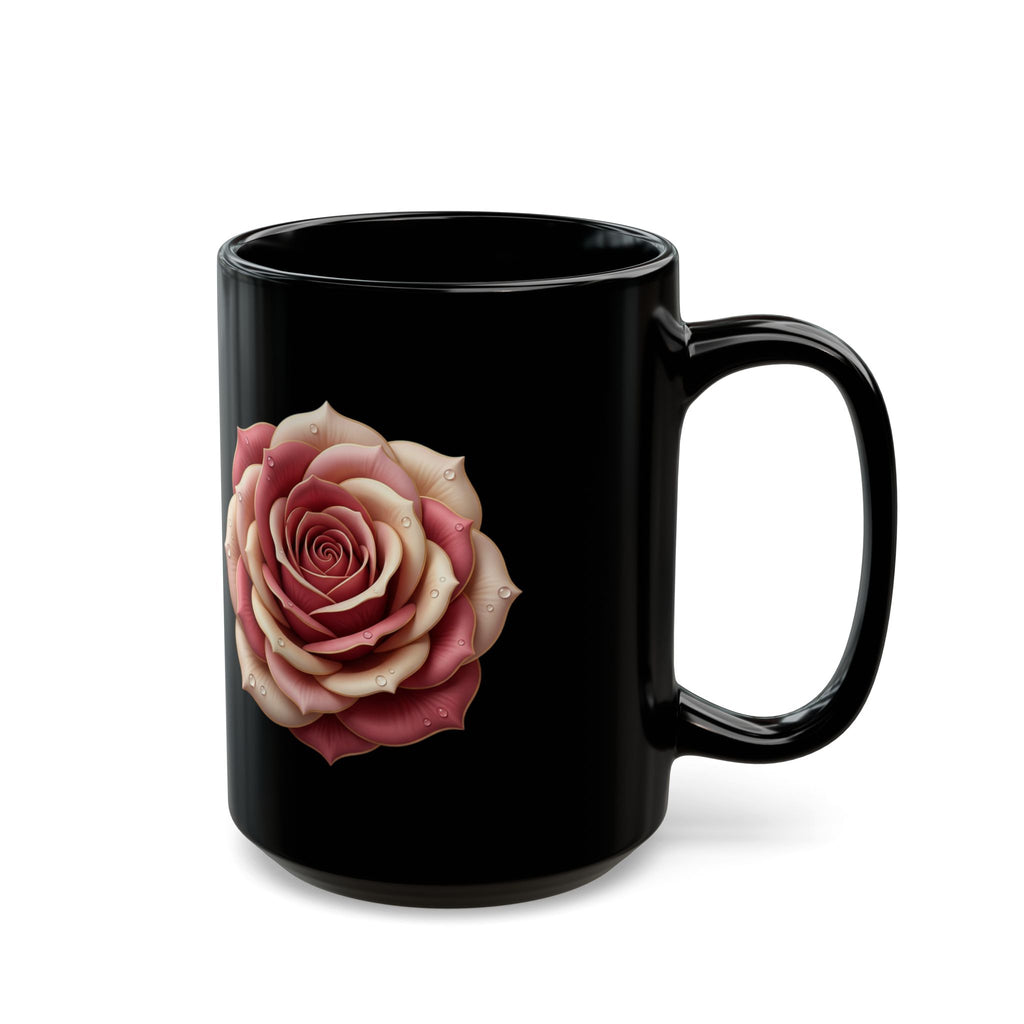 Black Rose Mug — Elegant Pink Rose on Black Ceramic (11oz & 15oz)