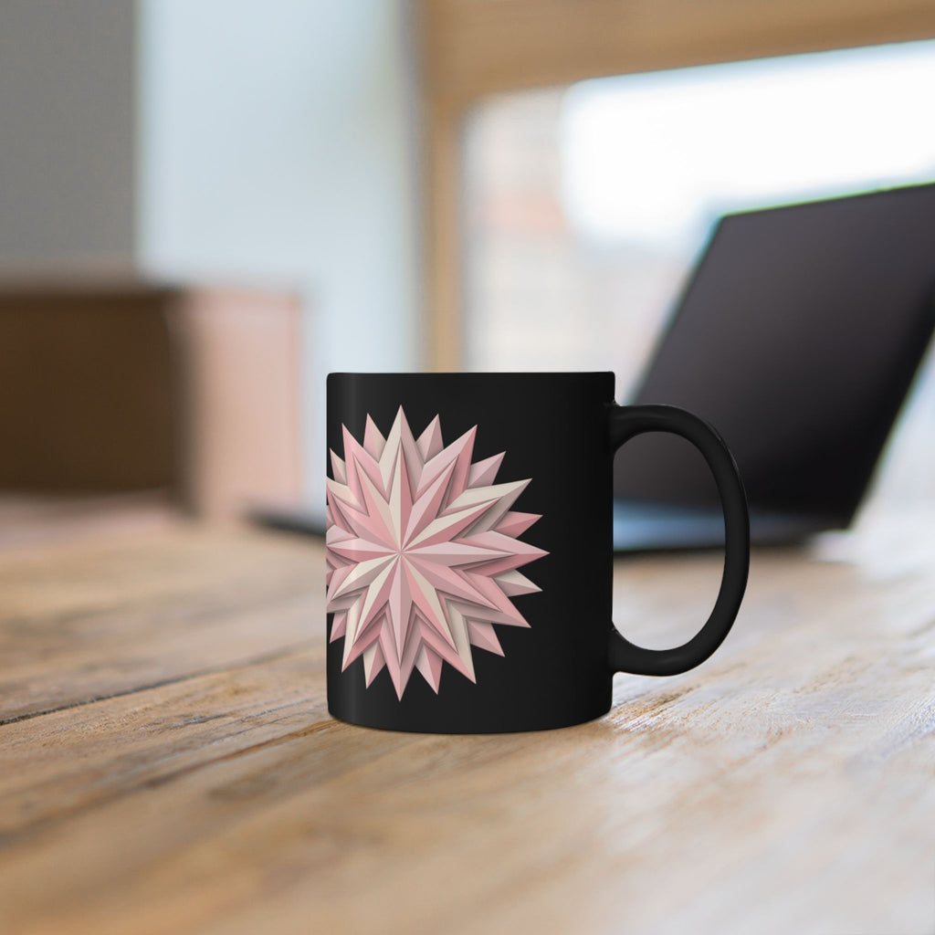 Pink Geometric Star Mug — Black Ceramic Coffee Cup (11oz & 15oz)
