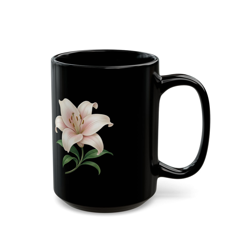 Black Floral Lily Mug — Elegant Pink Lily Coffee Cup (11oz & 15oz)