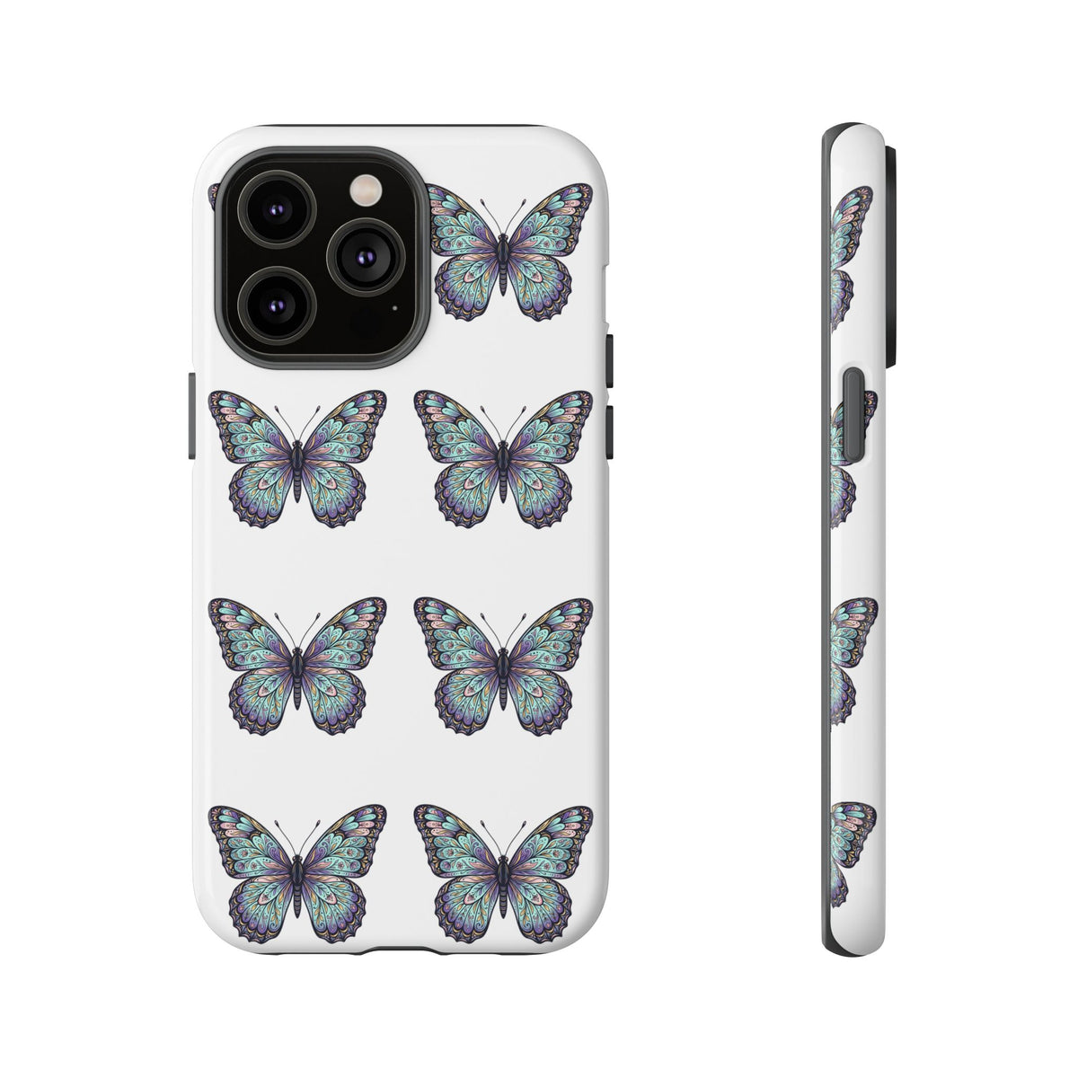 Butterfly Pattern Tough Phone Case — Vintage Teal Floral Protective Cover