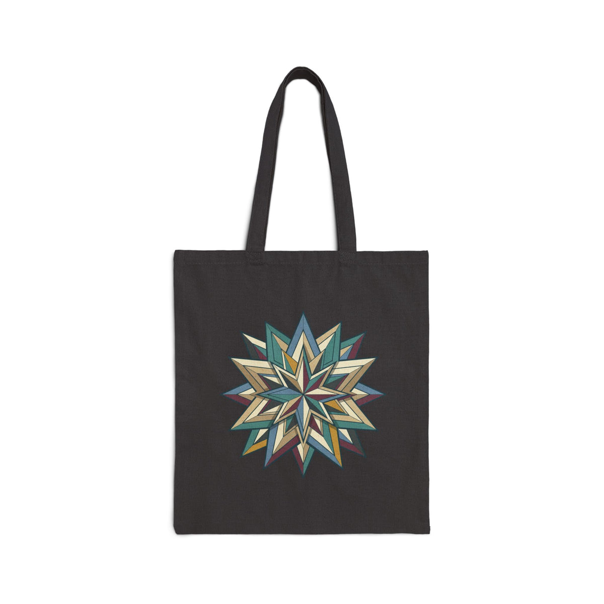 Geometric Starburst Canvas Tote Bag – Boho Green & Gold Quilted Design