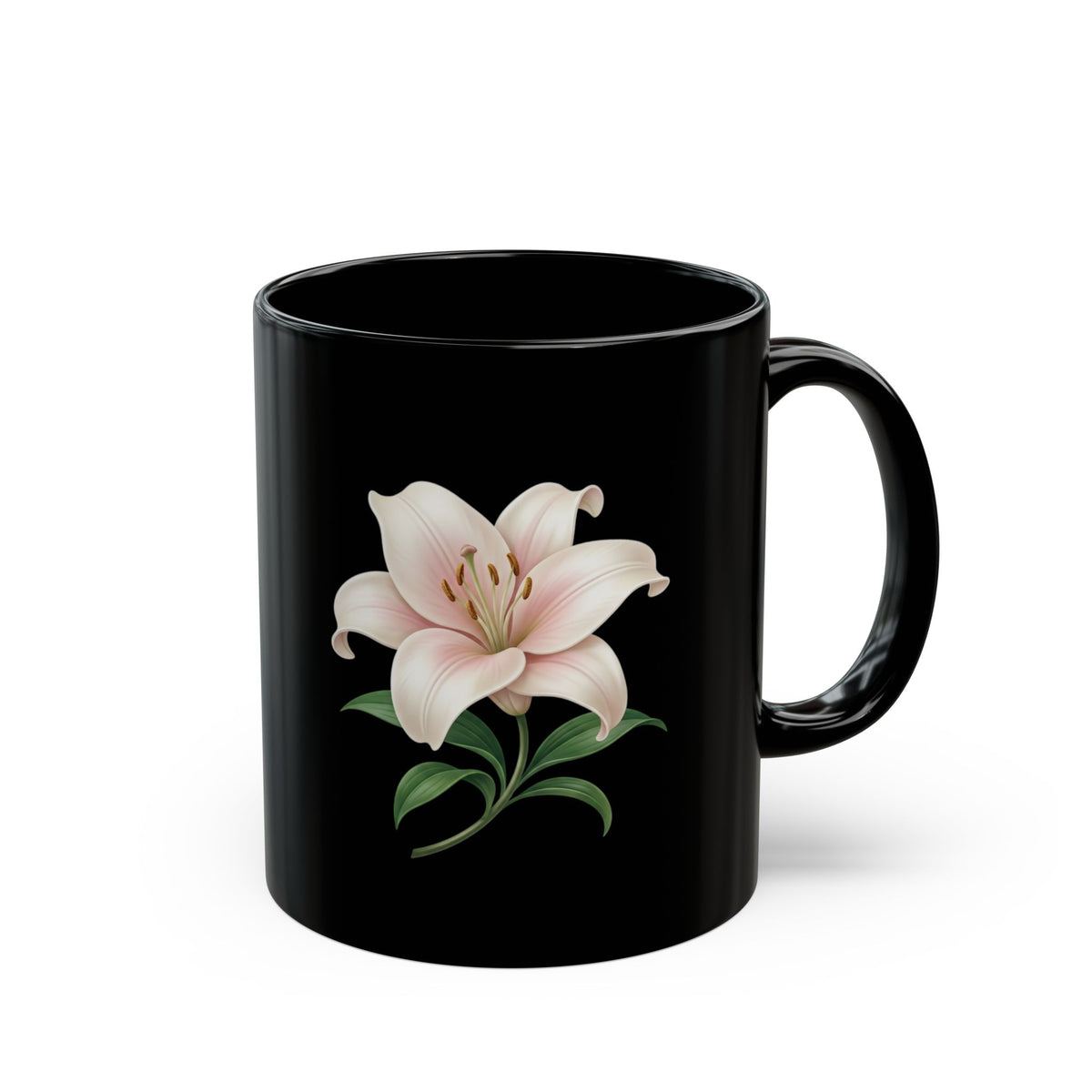 Black Floral Lily Mug — Elegant Pink Lily Coffee Cup (11oz & 15oz)