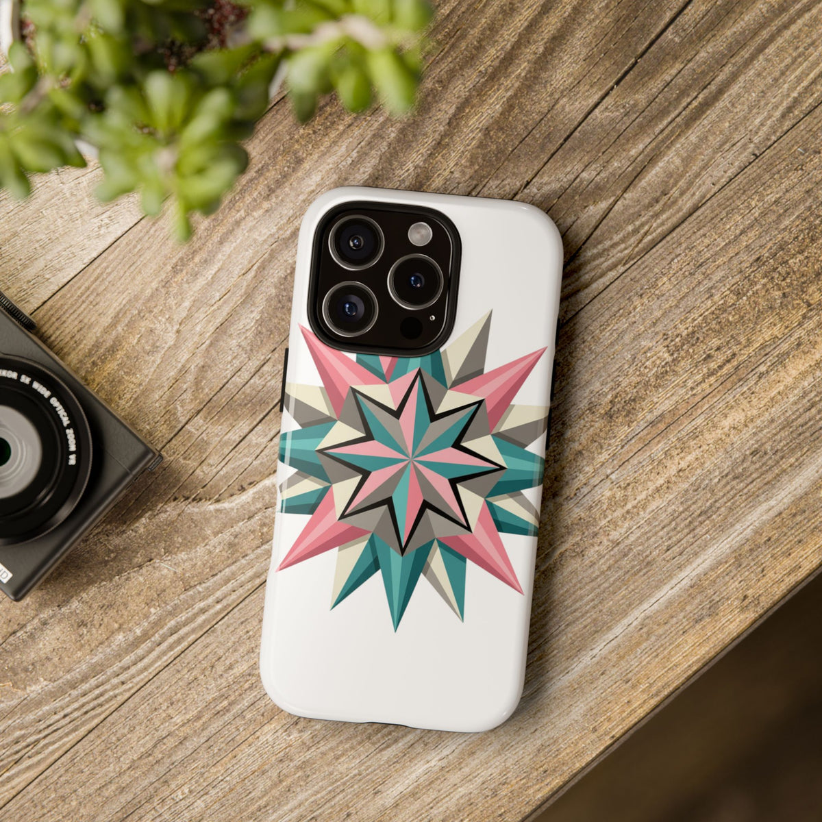 Geometric Star Tough Phone Case – Pink Teal Compass Design