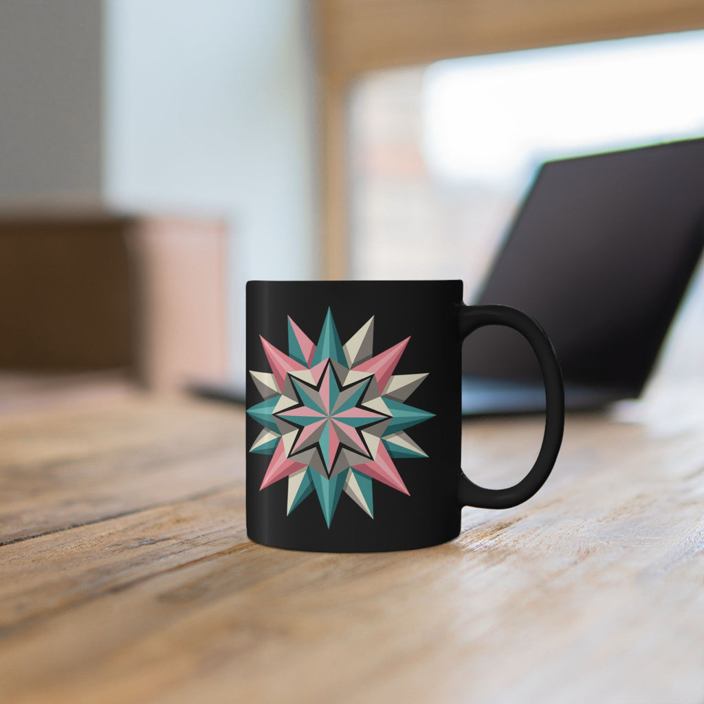Geometric Starburst Black Coffee Mug — Retro Teal & Pink 11oz/15oz