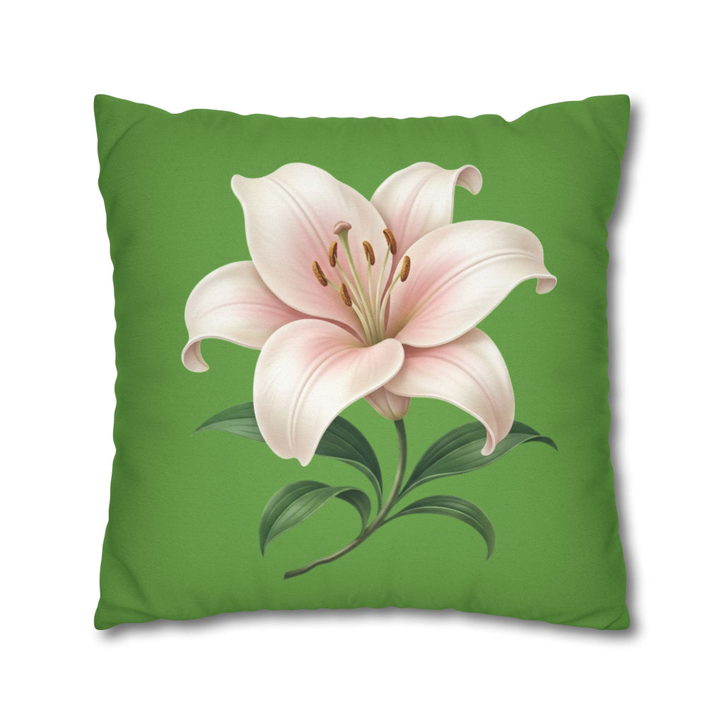 Pink Lily Floral Pillowcase — Green Square Decorative Pillow Cover