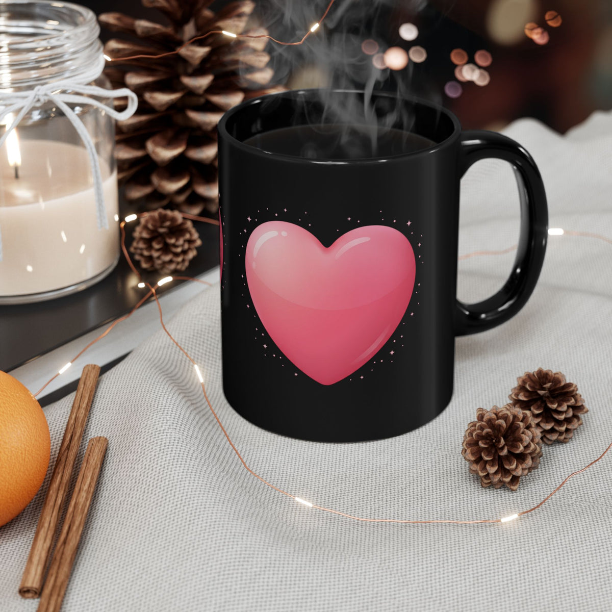 Pink Heart Black Mug — Romantic Valentine Coffee Cup (11oz, 15oz)