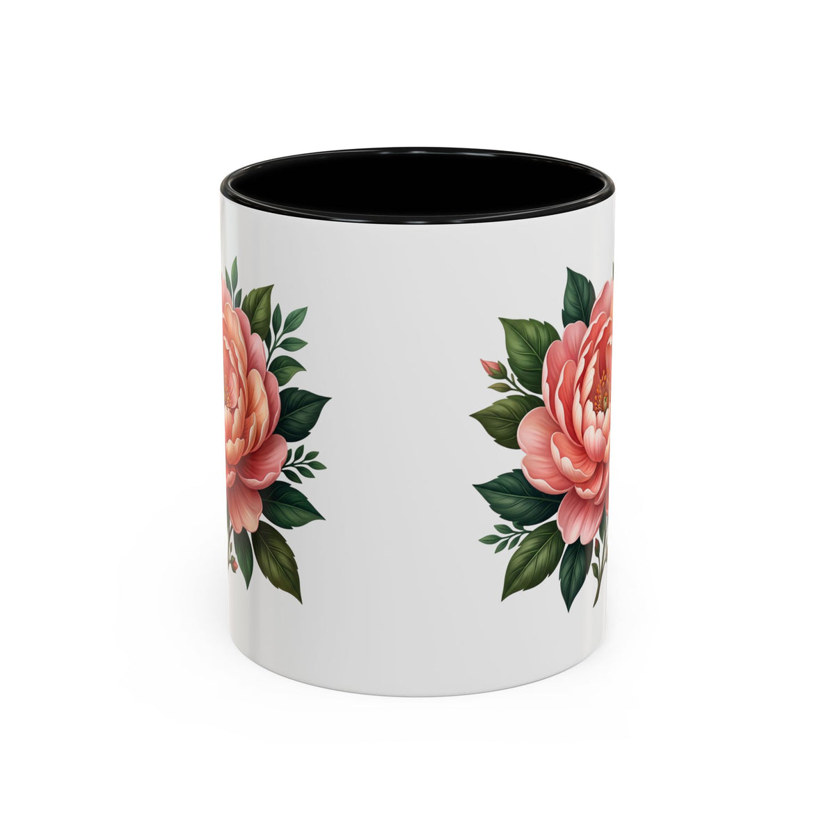Floral Peony Accent Coffee Mug — Pink Rose Bloom Ceramic Cup