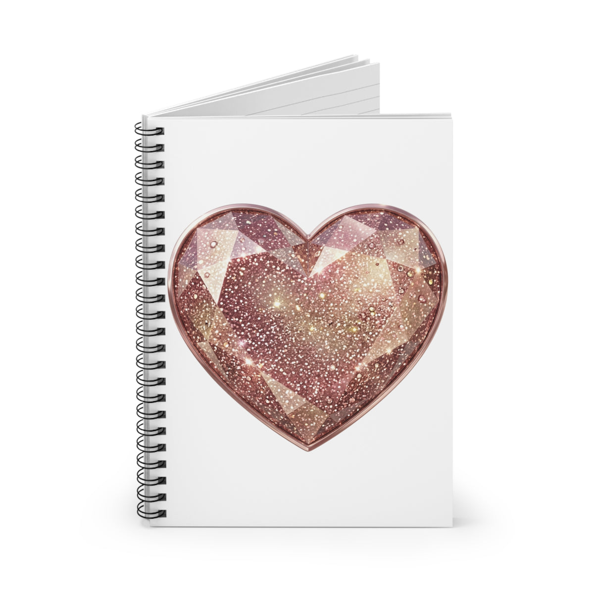 Rose Gold Glitter Gem Heart Spiral Notebook — Ruled Journal for Notes & Gifts- White