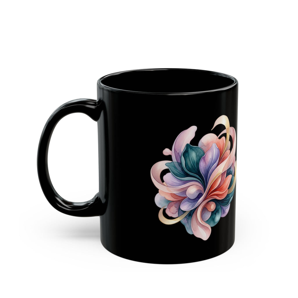 Floral Heart Black Mug — Colorful Watercolor Bouquet Coffee Cup (11oz & 15oz)