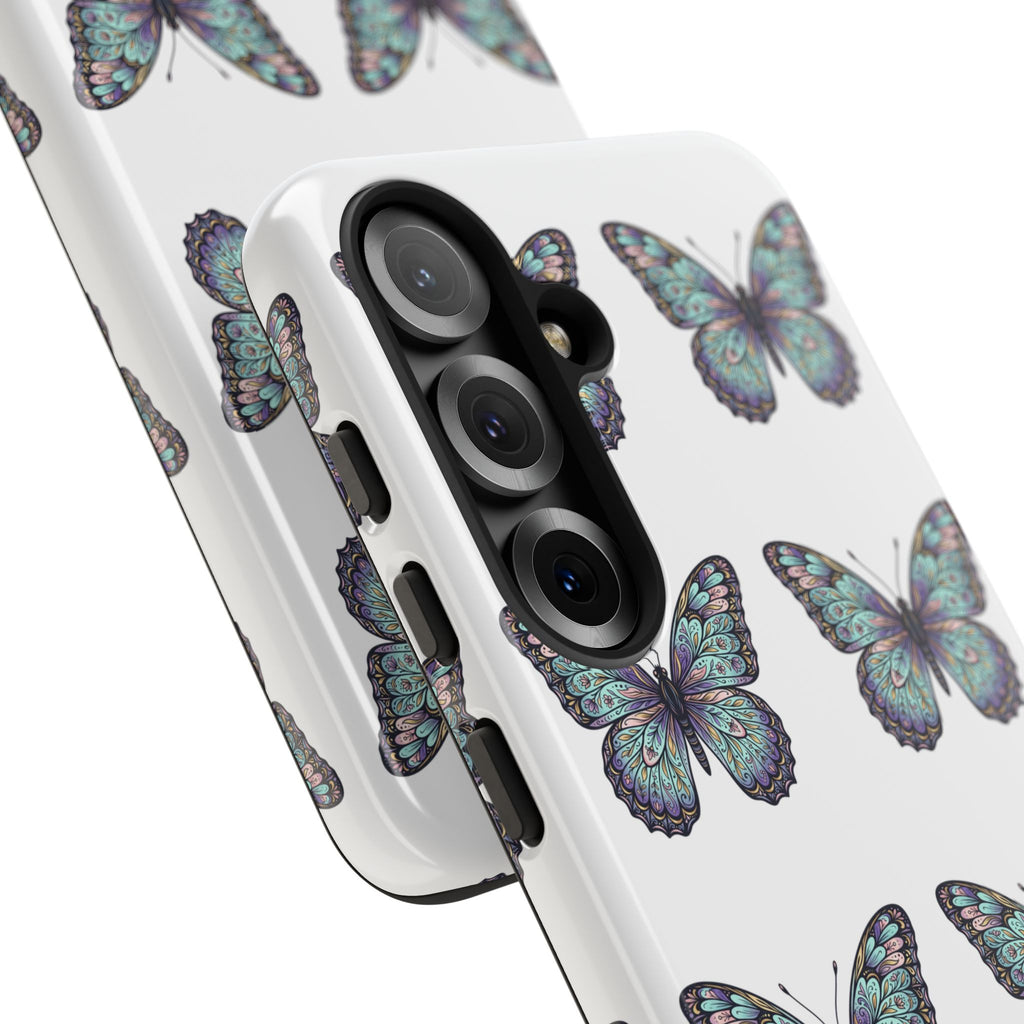 Butterfly Pattern Tough Phone Case — Vintage Teal Floral Protective Cover
