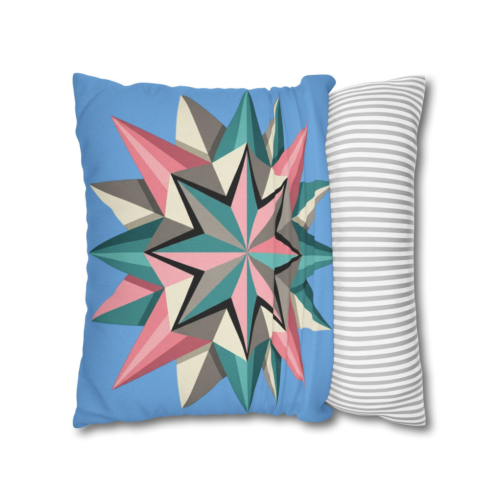 Geometric Starburst Throw Pillowcase – Pastel Compass Design on Sky Blue