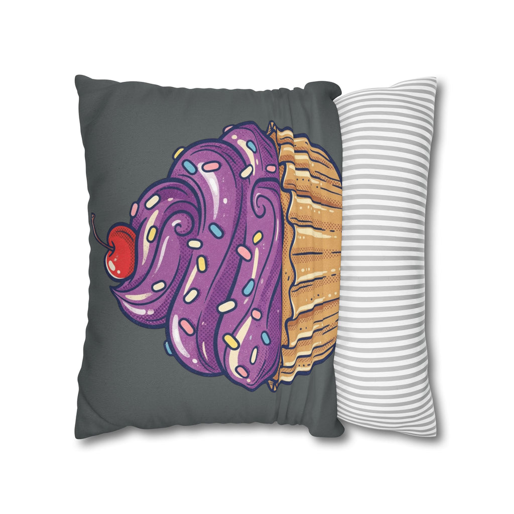 Cupcake Pillowcase — Whimsical Purple Frosting Decorative Throw Pillow- Dark Grey